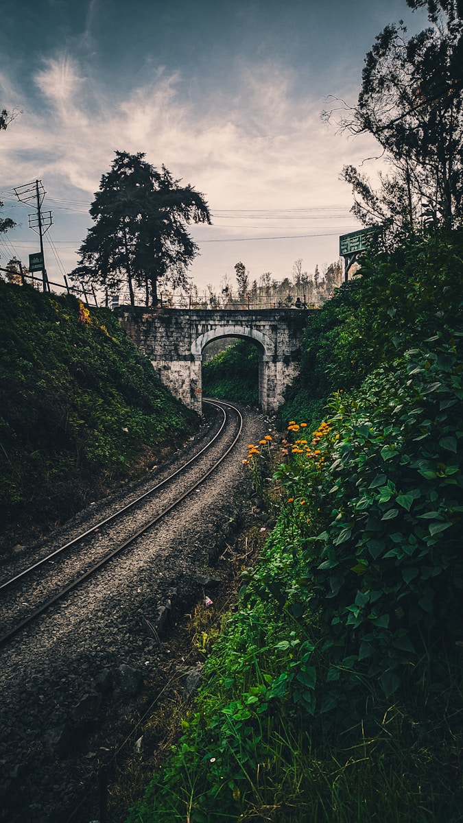a train track going under a bridge on a cloudy day